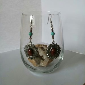 Turquoise & Brown Drop Silver Flower Earings