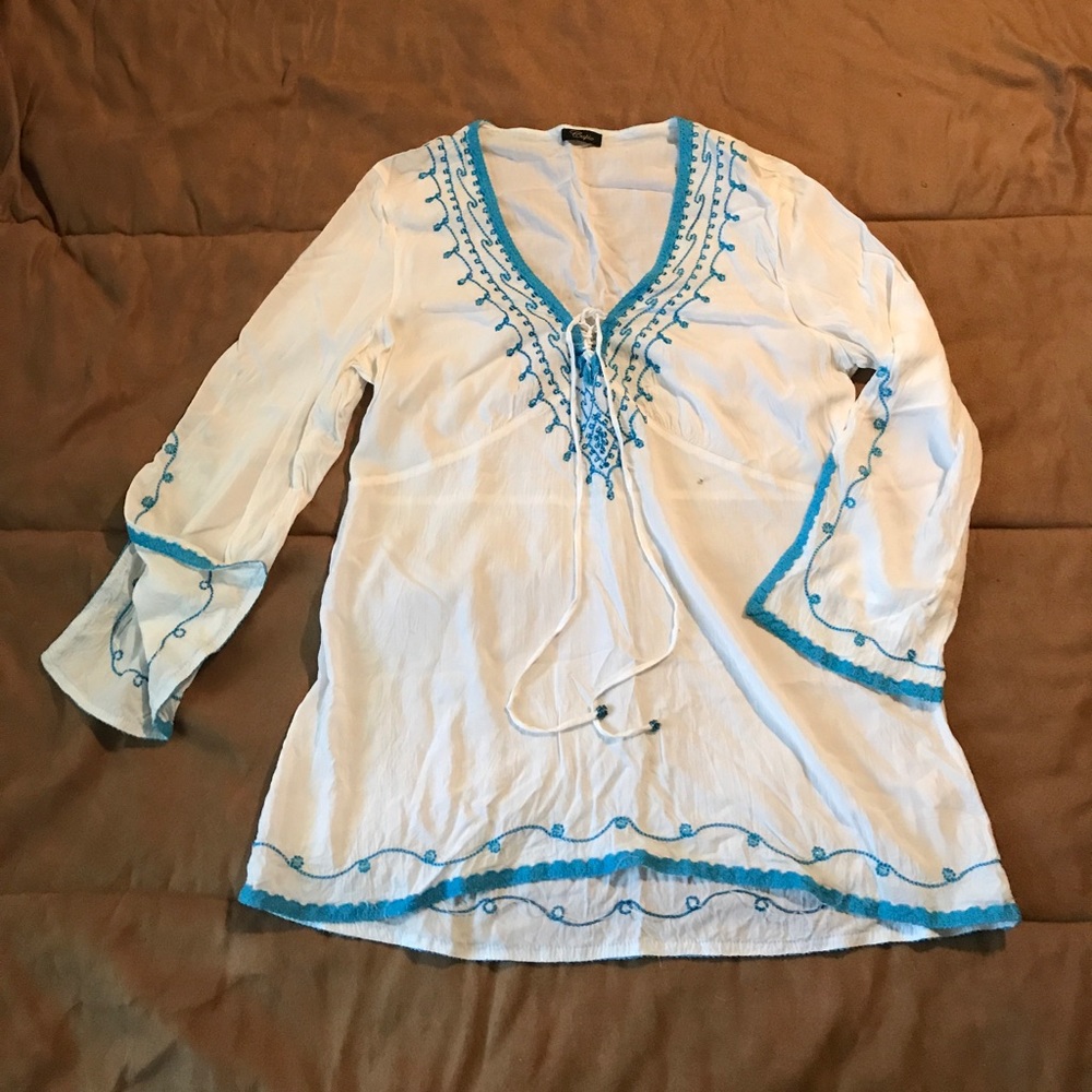 White/ blue stitching Boho Top