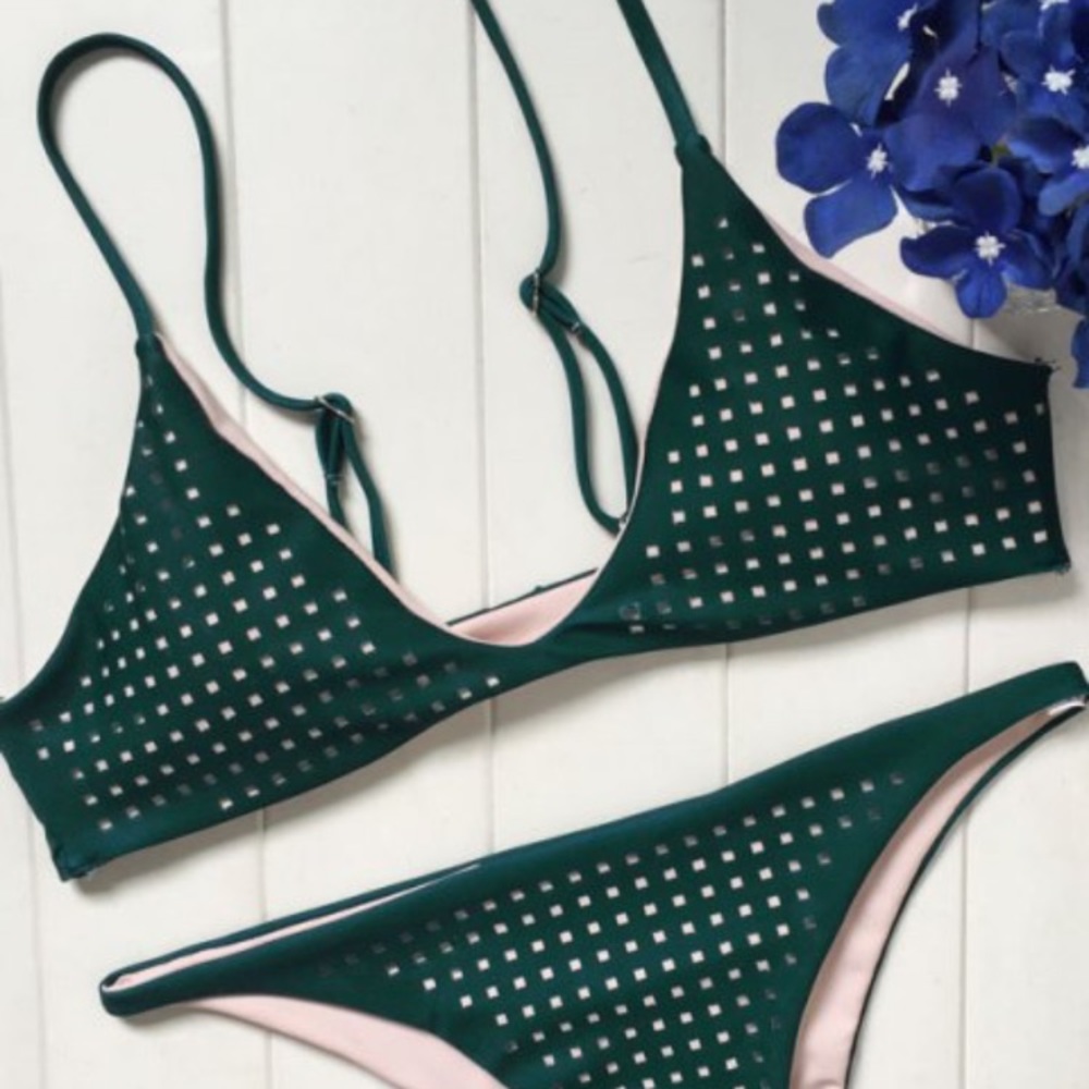Green Bikini Set - Spaghetti Straps Hollow Out