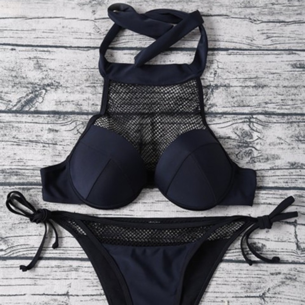 Black bikini - push-up fishnet halter top
