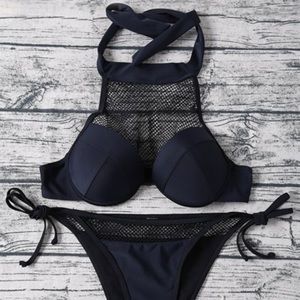 Black bikini - push-up fishnet halter top