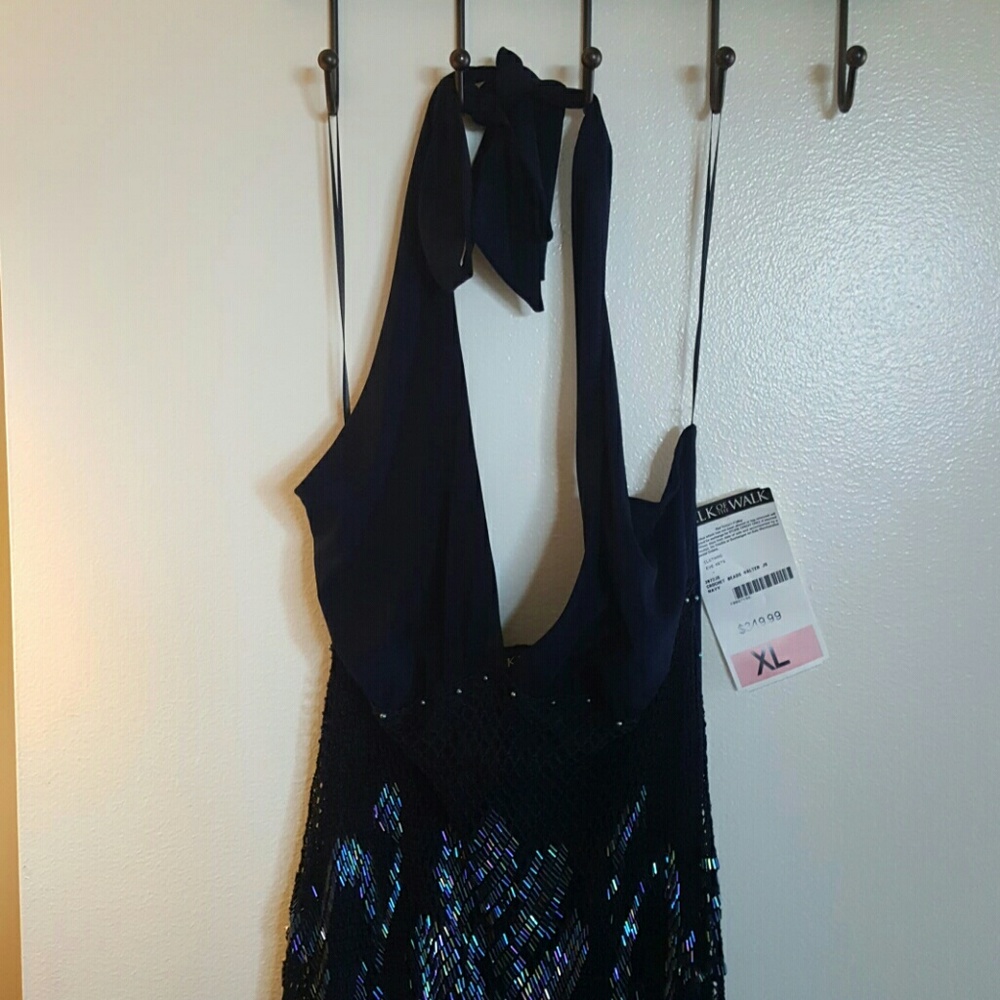 Navy Blue Sequined Overlay Halter Jumpsuit