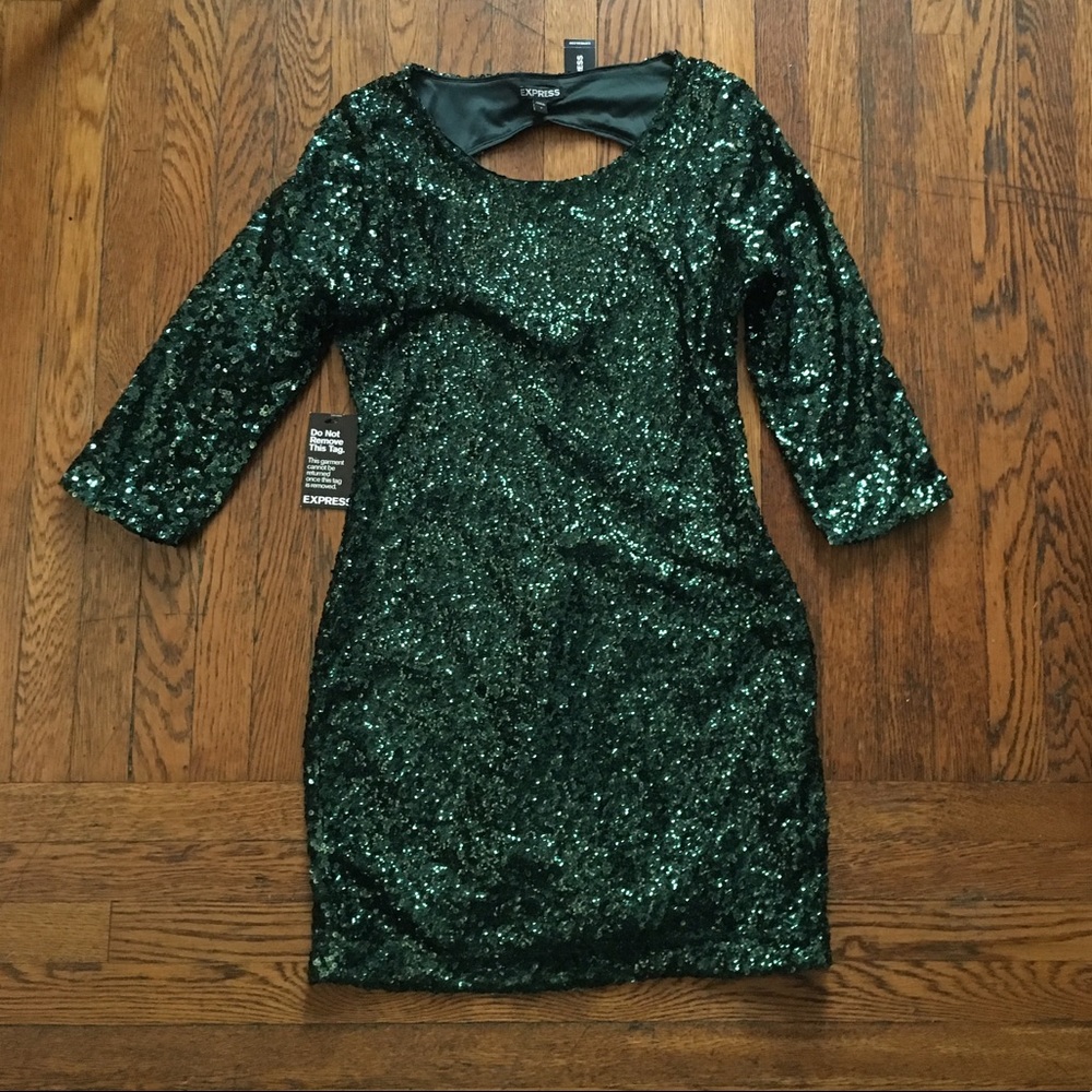 Express Green Sequin 3/4 Sleeve Short Dress