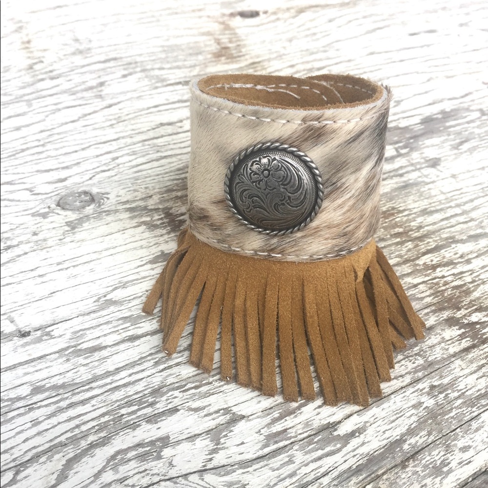 Fringe Cowhide and Concho Cuff Bracelet COWGIRL