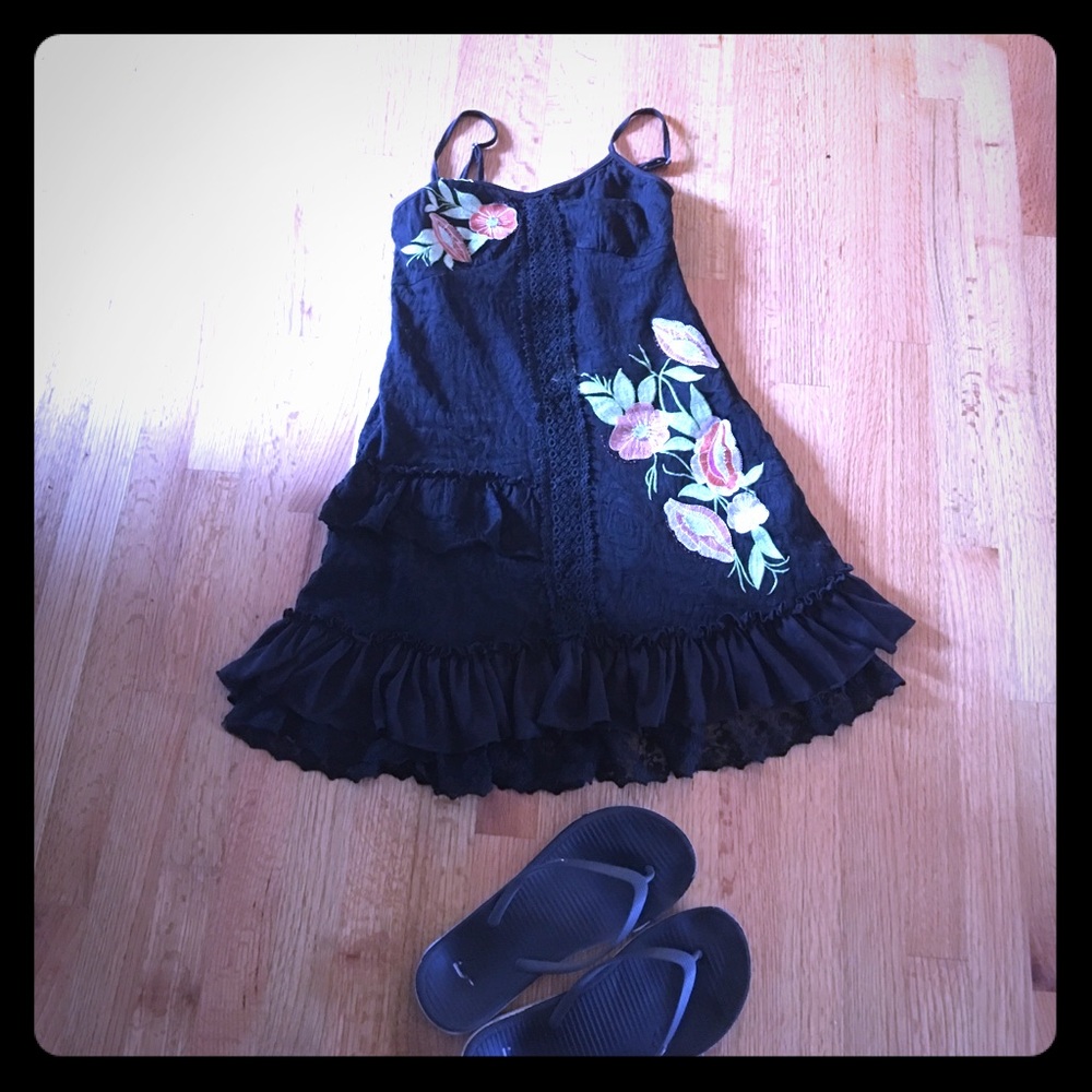 Floral embroidered black little dress
