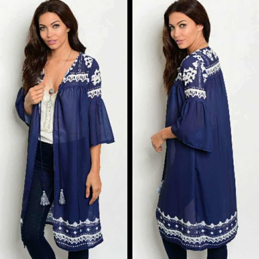 NAVY WHITE LONG 3/4 CARDIGAN
