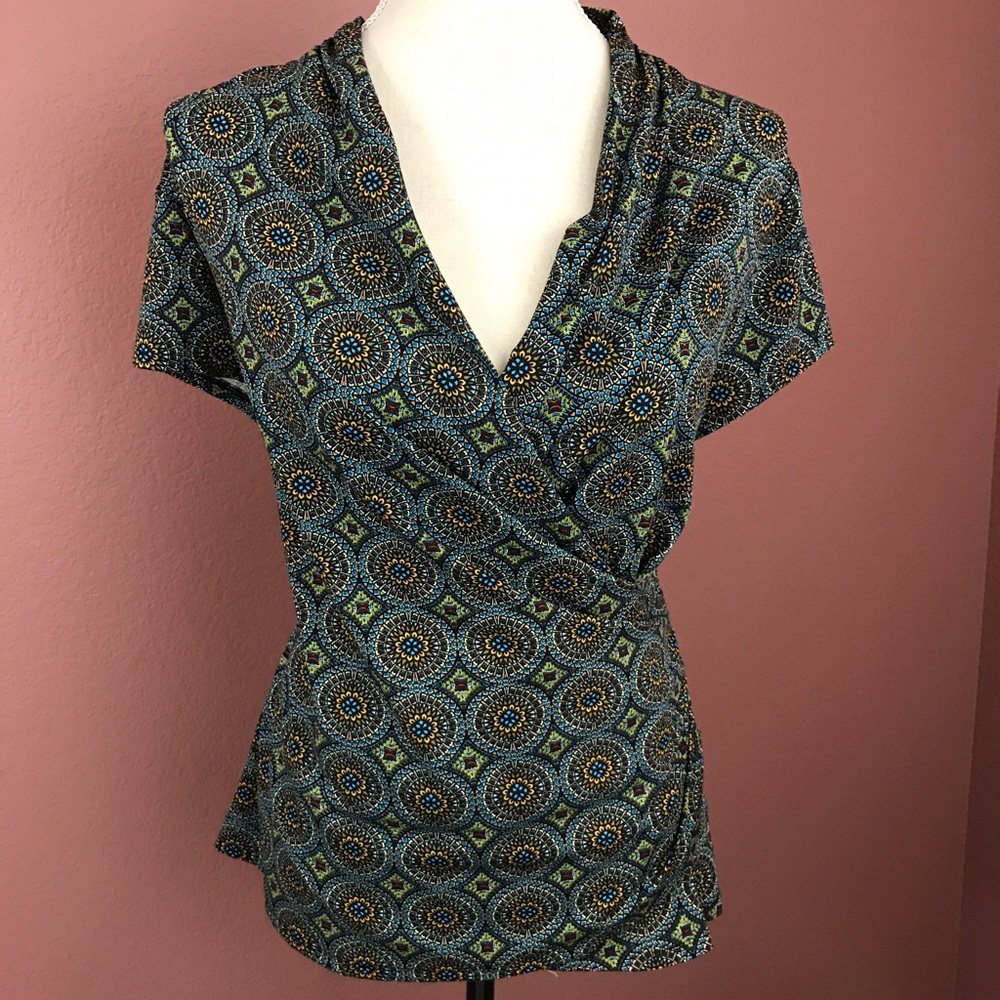 Faux Wrap Blue & Green Pull Over Jersey Work Top