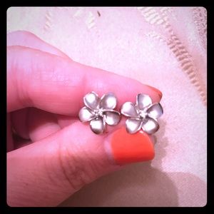 Hawaiian Plumeria Earrings Diamonds 14K White Gold