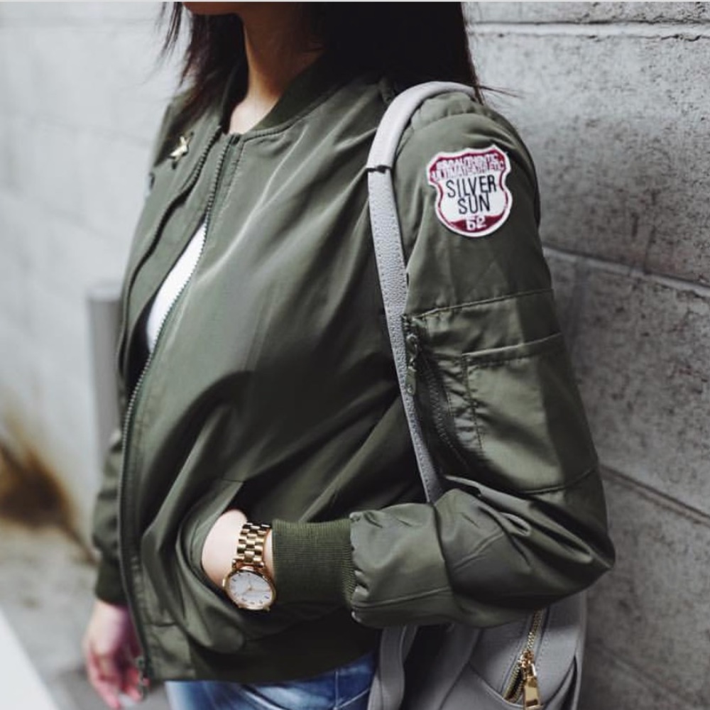 Army Green Bomber Jacket with Patches 🌿