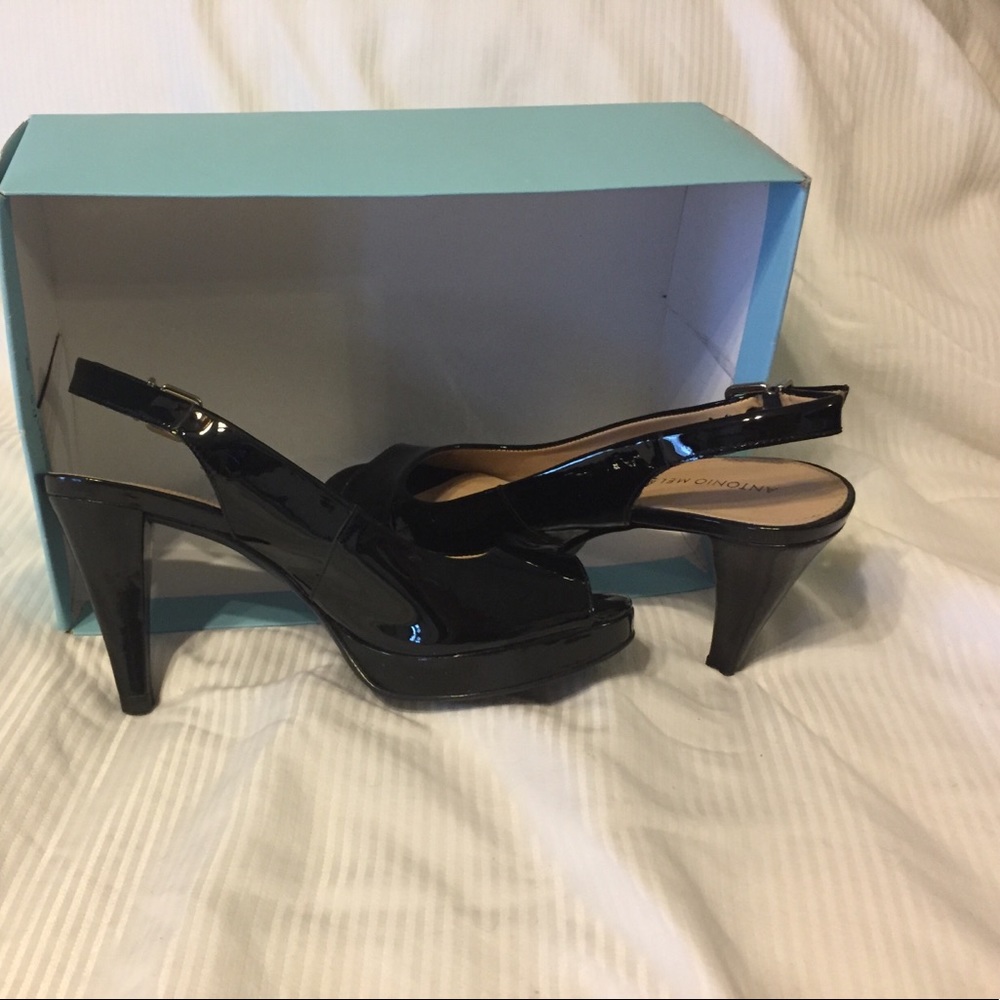 Black pleather open toe heeled sandals