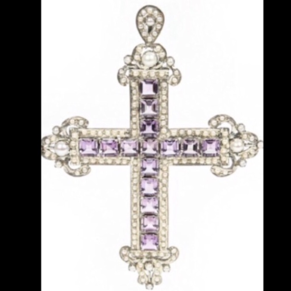 Huge Silver, Amethyst & Pearl Cross Pendant