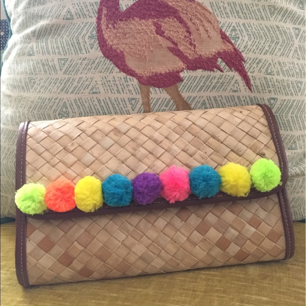 Woven Pompom Clutch