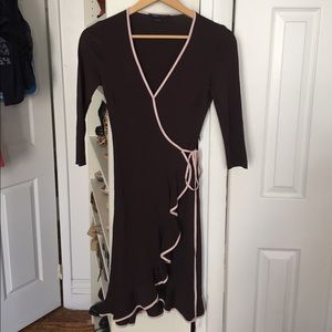 BCBG Brown and Pink Ruffled Wrap Dress