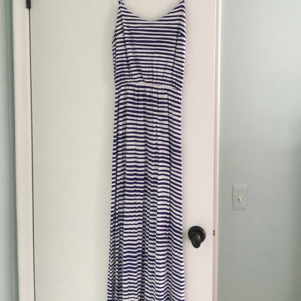 Blue and white striped maxi dress