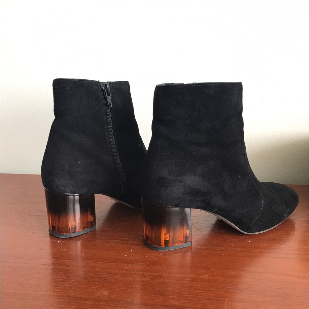 Black Suede Bootie with Chunky Amber Heel