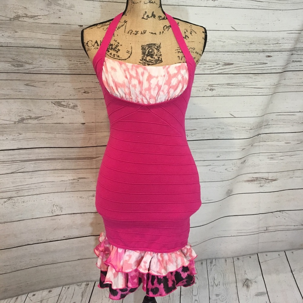 Bebe bodycon dress with leopard ruffled bottom