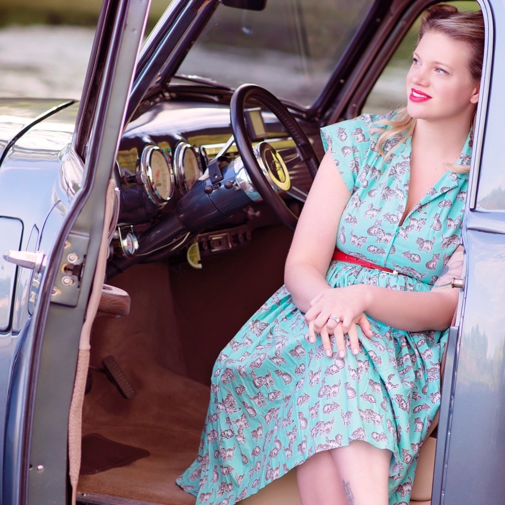 Bernie & Dexter 1950s Mint and Kitten print dress