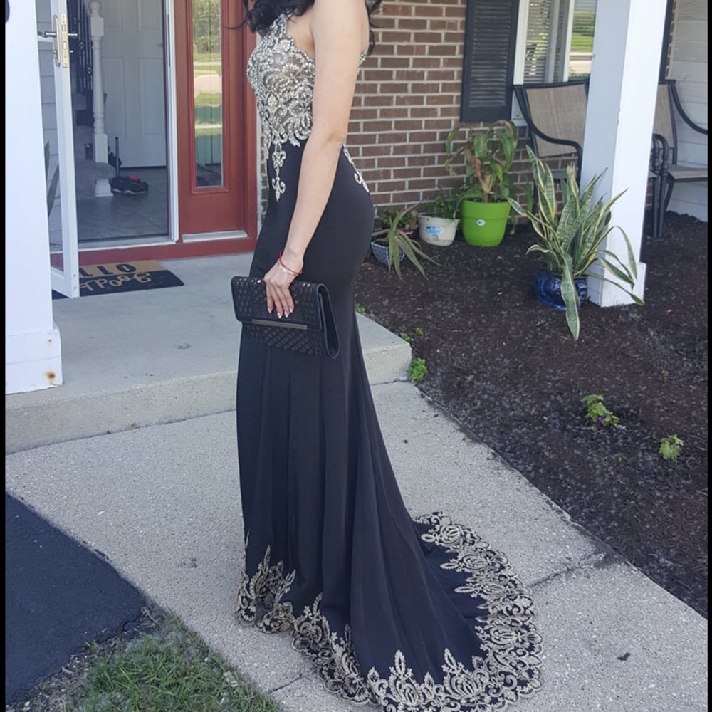 Black and gold prom dress