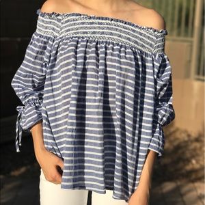 Gathered off the shoulder striped tunic top
