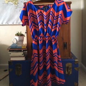 Blue and orange/red chevron dress