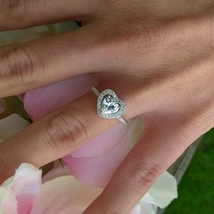 Solid .925 Silver Heart Cut Halo Engagement Ring