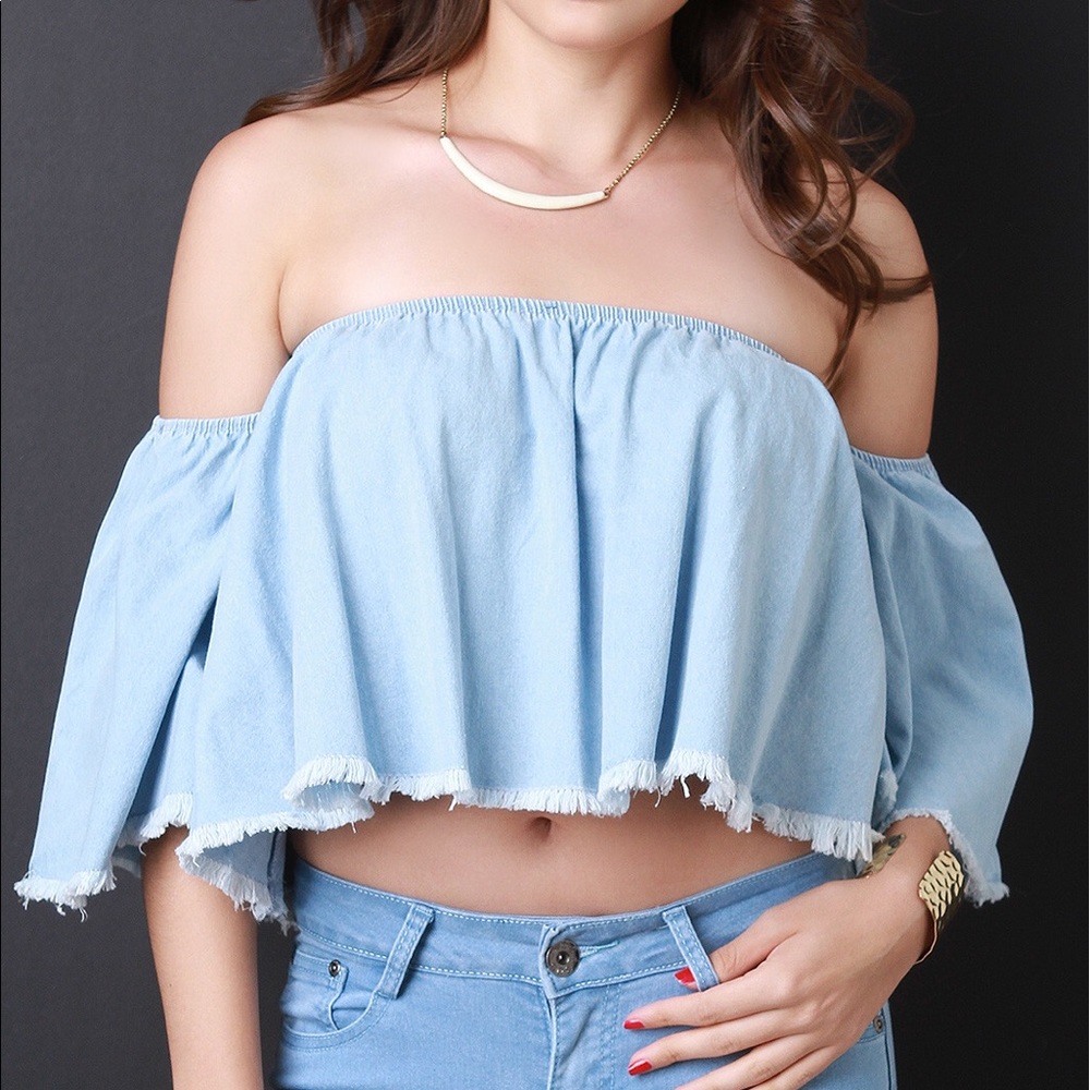 SOLD OUT! Denim Off The Shoulder Crop Top - Picture 2 of 4