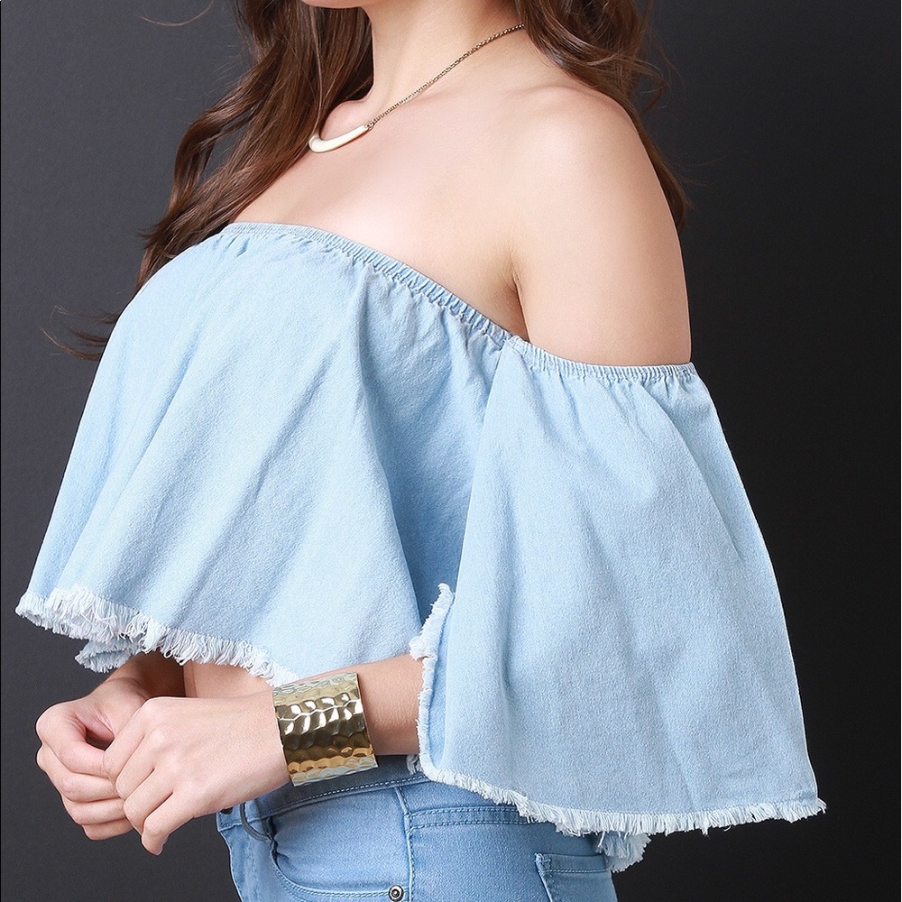 SOLD OUT! Denim Off The Shoulder Crop Top - Picture 3 of 4