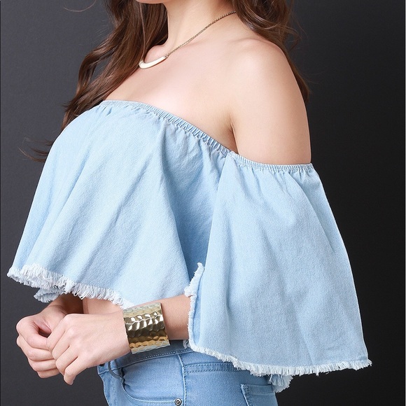 SOLD OUT! Denim Off The Shoulder Crop Top - Picture 3 of 4