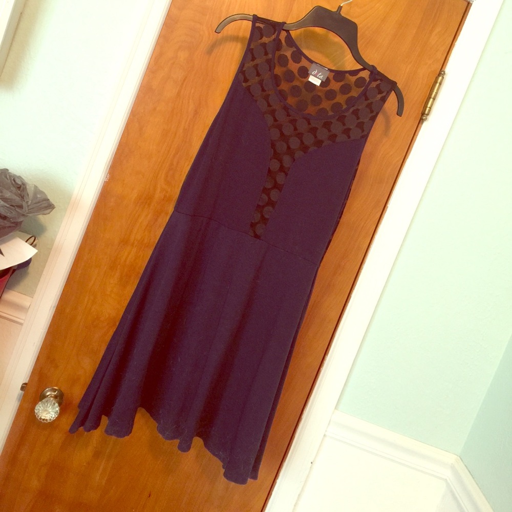 Navy dress with black polka dot mesh detail