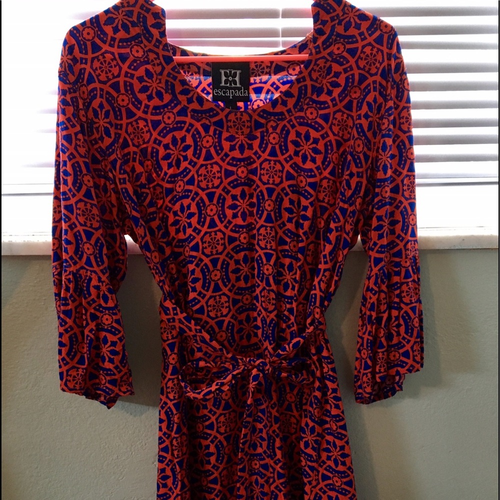 Bell sleeve blue and orange dress
