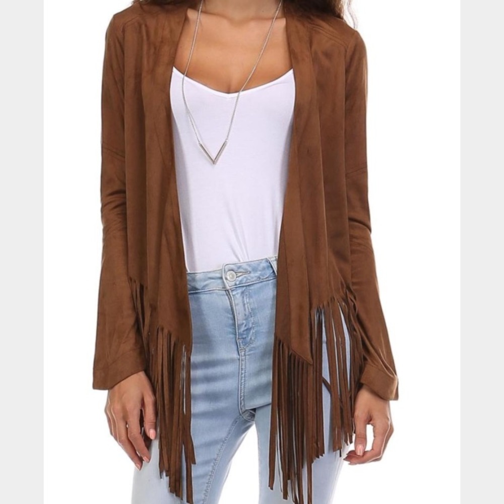 Brown faux suede fringe jacket