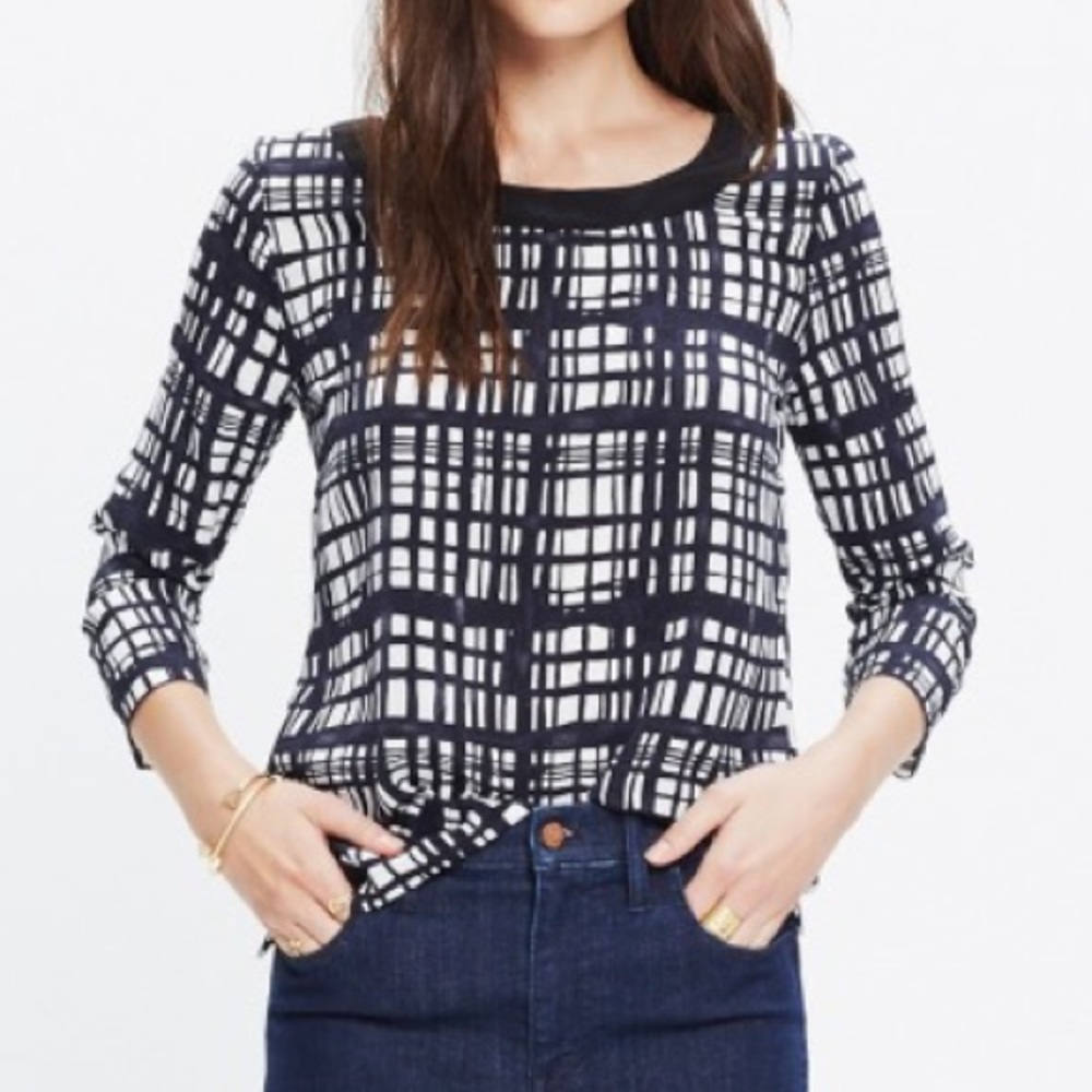 Madewell navy and white brushstroke 100% silk top