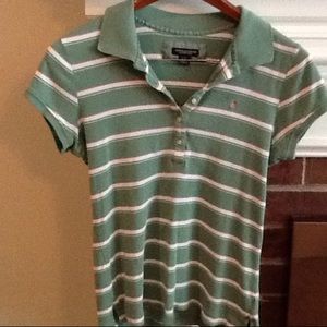 American Eagle girl cut green striped polo shirt