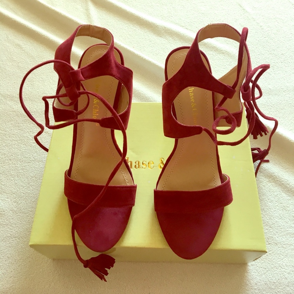 Maroon suede high heel with tied ankle tassels