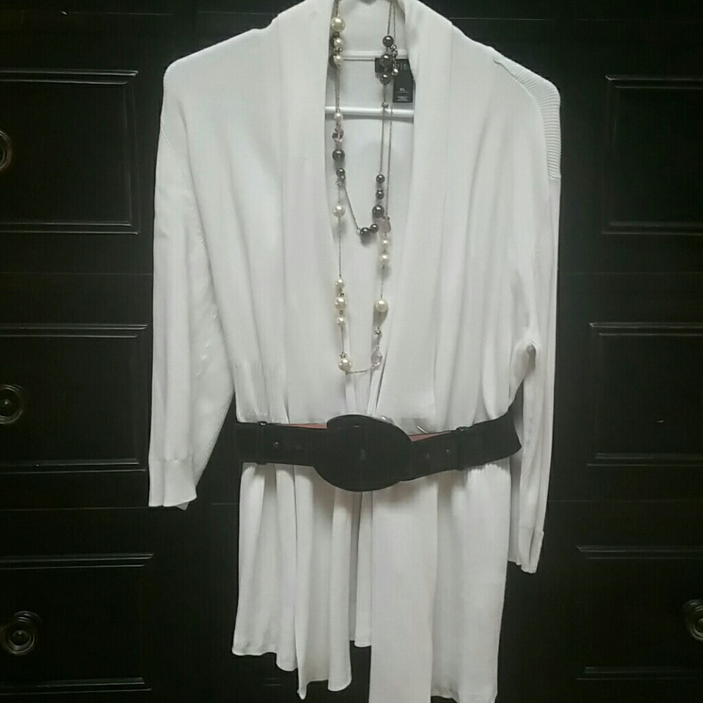 WHBM Long White Cardigan with ribbing detail