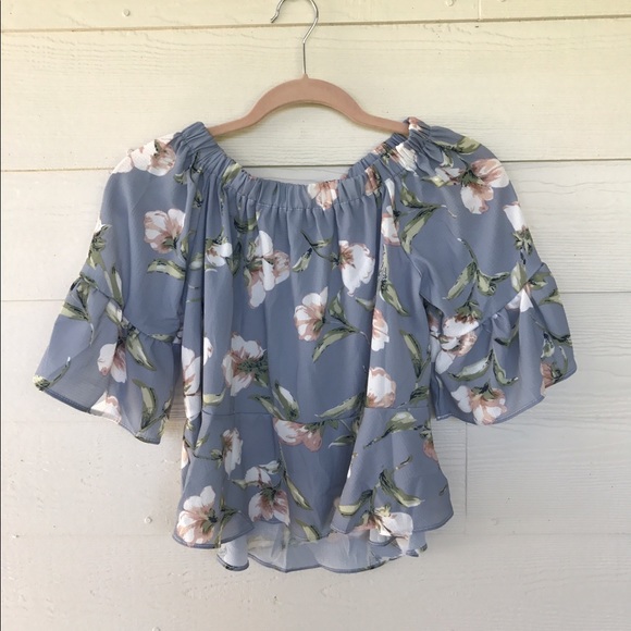 Powder Blue Off-the-Shoulder Floral Print Top - Picture 4 of 4