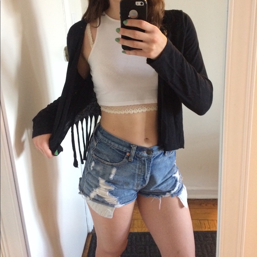 Cotton fringe black cardigan