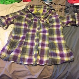 Purple and green plaid button up shirt