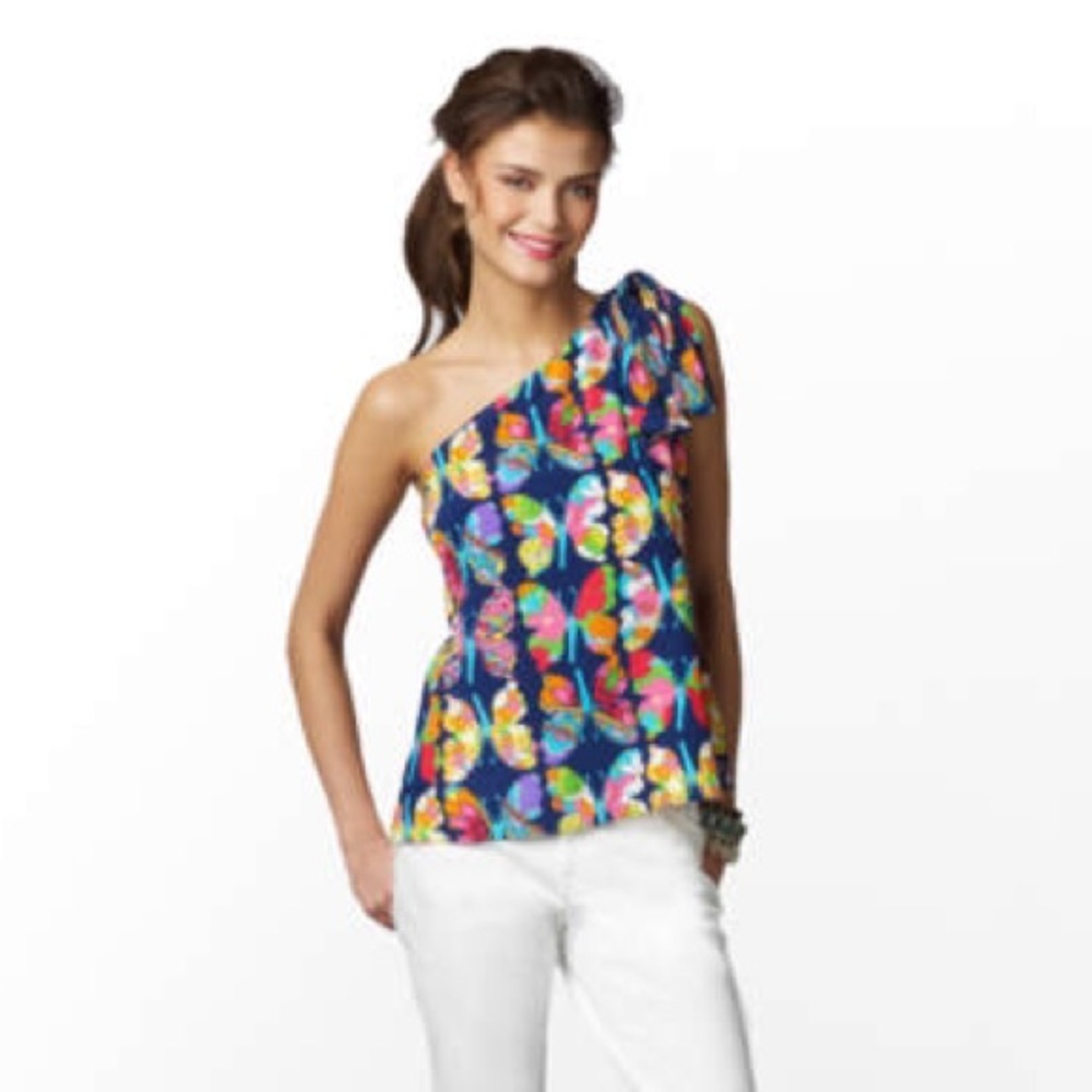 Lilly Pulitzer EUC one shoulder Silk Roe Top sz 0