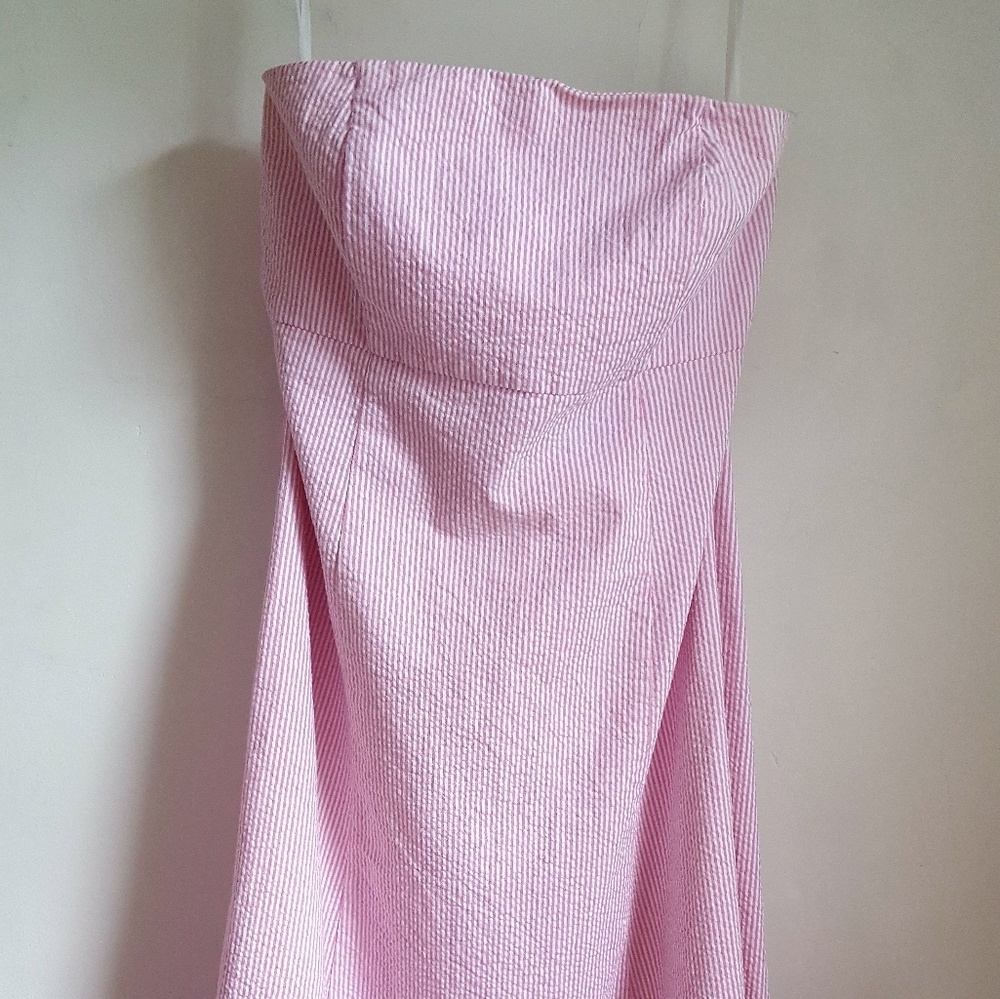 Strapless seersucker pink & white pinstriped dress