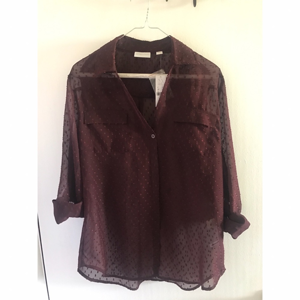 NWT NY&Co Maroon sheer button up blouse
