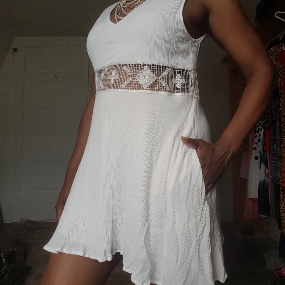 Sheer waisted white linen dress w/ pockets