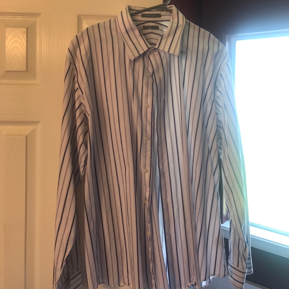 White shirt with navy blue/plum stripes