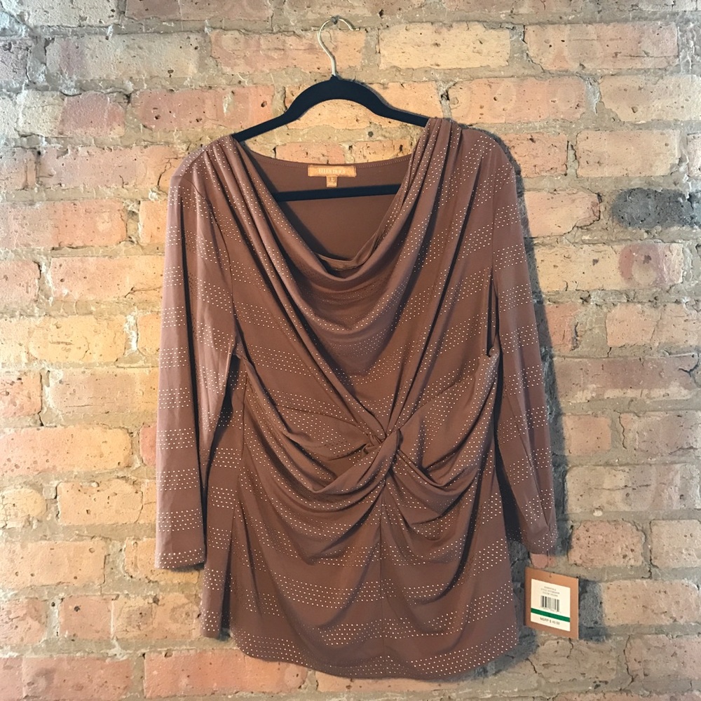 Ellen Tracy Brown Scoop Neck Top with Gold Detail