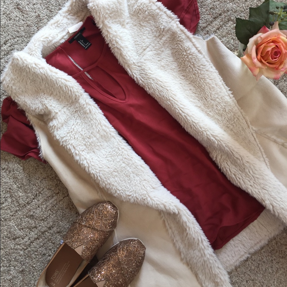 B2GO • fuzzy cardigan + red blouse