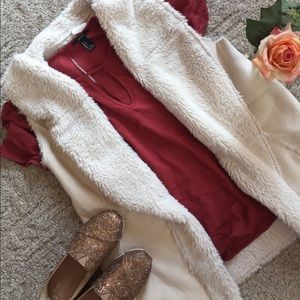 B2GO • fuzzy cardigan + red blouse