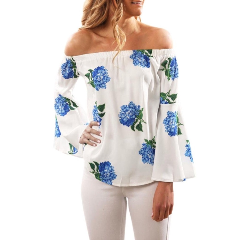 Blue Floral Off the Shoulder Top