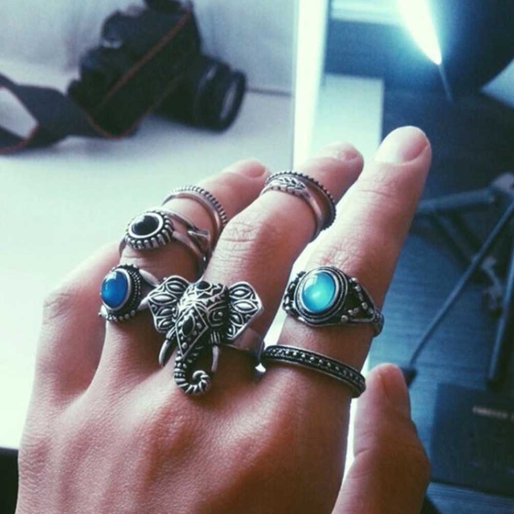 9 piece boho elephant ring set