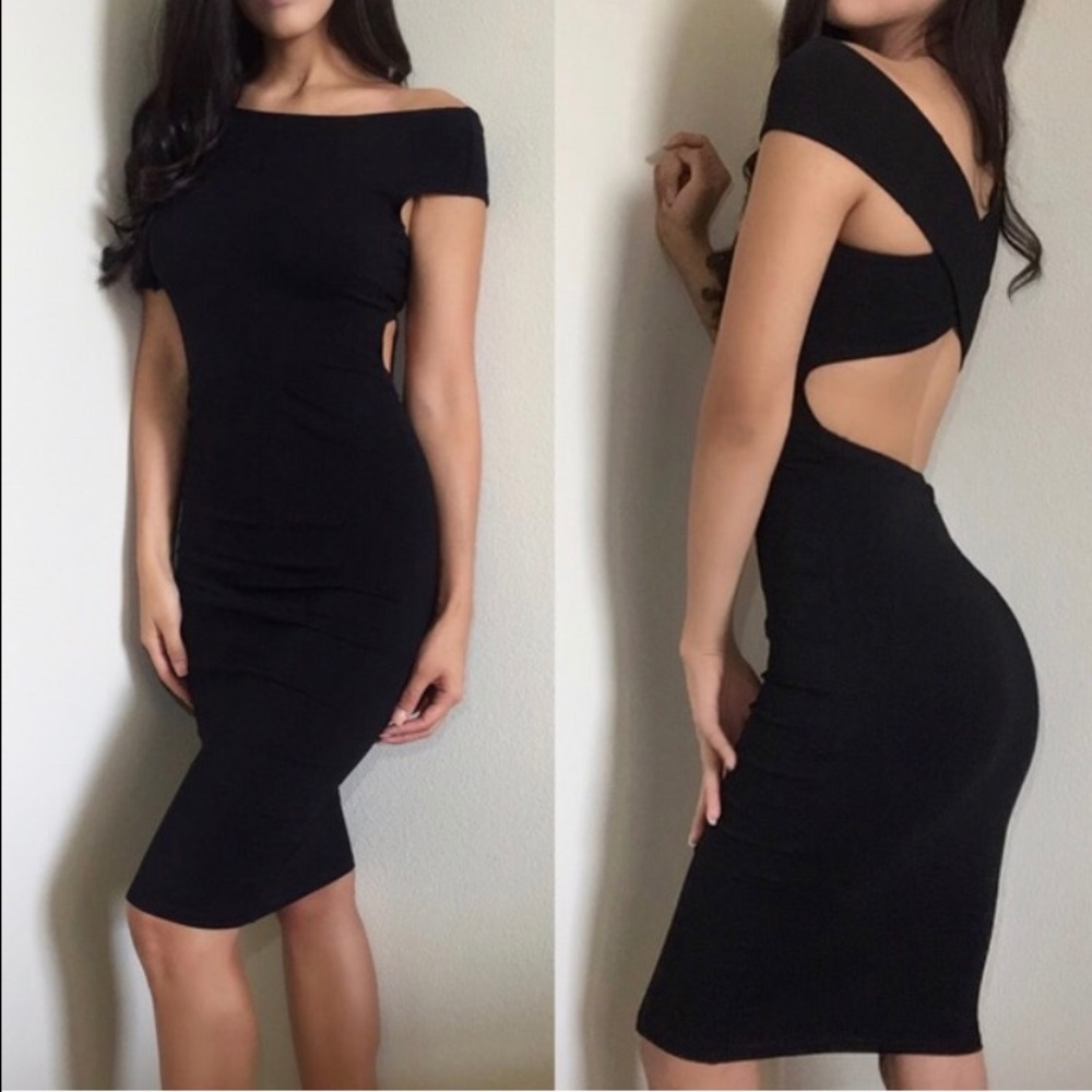 SOLD- Black Off the Shoulder / Bardot Midi Dress