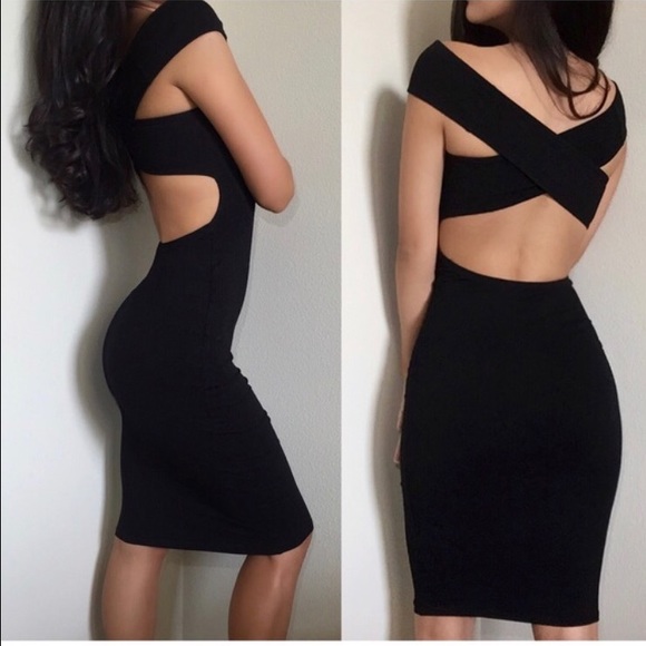 SOLD- Black Off the Shoulder / Bardot Midi Dress - Picture 2 of 7